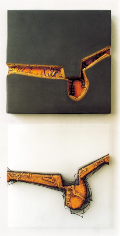Wandfenster XI/1, 1998. Holzplatte, Pigmente, Graphit, je 60 x 60 x 15 cm, Privatbesitz