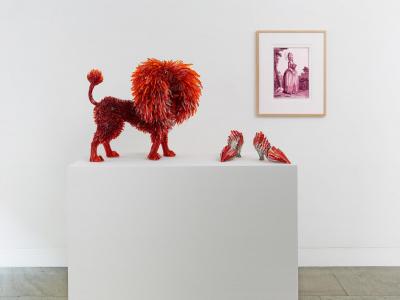 Demoiselle en Polonoise unie en Buras after Claude Louis Desrais, 2014. Metal, glass, dog: 45 x 55 x 30 cm, shoes: 15 x 25 x 10 cm, inkjet print on paper, 37 x 26 cm.