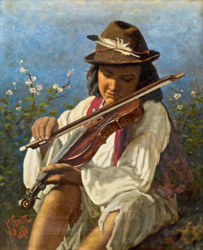 Franciszek Streitt: Gypsy boy playing a violin, 1890. Oil on canvas, 50.5 x 41 cm, on the auction market (Auktionshaus im Kinsky, Vienna, 2011)