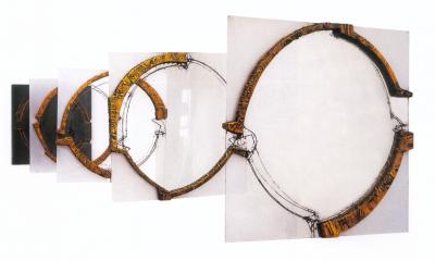 Abb. 17: Wandfenster XI/14-18, 1998 - Wandfenster XI/14-18, 1998. Acryl, Pigmente, Graphit, Styrodor, Acrylglas, je 84 x 84 cm, Privatbesitz