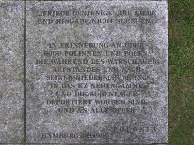 ill. 18c: Neuengamme Memorial, 1999 - Neuengamme Memorial, 1999. Commissioned by the Bund der Polen in Deutschland e.V. In memory of the persons deported from the Warsaw Uprising in 1944, Neuengamme concentration camp, Hamburg, German memorial plaque