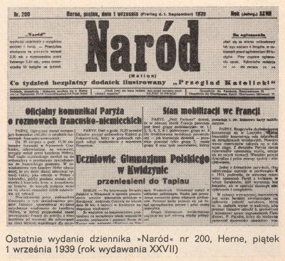 Cover page of the last edition of “Naród” - Cover page of the last edition of “Naród”, Herne, 1 September 1939, from: “Polak w Niemczech”, Bochum 1972, p. 44 