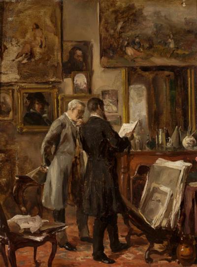 Aleksander Gierymski (1850-1901): In the Artist’s Workshop, Munich 1869/70. Oil on wood, 32 x 24.5 cm.