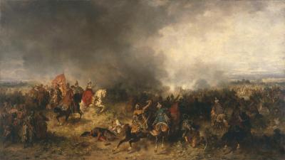 Józef Brandt (1841-1915): Jan Karol Chodkiewicz w bitwie pod Chocimiem, 1867, olej na płótnie, 190 × 337 cm