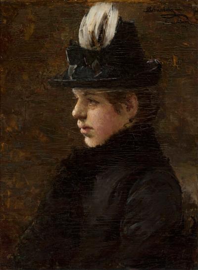 Ill. 1: Girl in a Hat with a Feather, 1887 - Study of a Girl in a Hat with a Feather, München 1887. Oil on canvas on paperboard, 58 x 44 cm