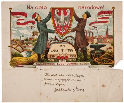 Telegram ślubny, 1913 - Telegram ślubny z postaciami w strojach narodowych i kartuszem z Orłem Białym; druk wielobarwny, 1913
