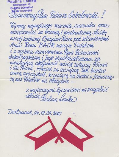 Glückwunschkarte von Paulina Lemke an Tadeusz Sokołowski  - Glückwunschkarte von Paulina Lemke an Tadeusz Sokołowski aus Dortmund (Spiritus Rector und Vorsitzender der Polnischen Kulturgesellschaft in den 1970er Jahren) 