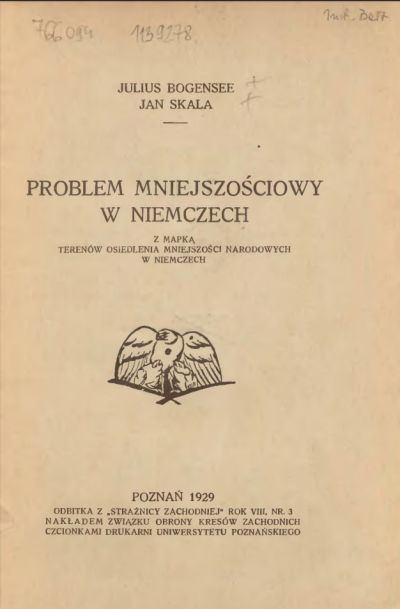 Tutuł wewnętrzny książki „Problem mniejszościowy w Niemczech” Juliusa Bogensee i Jana Skali, Poznań, 1929 r.