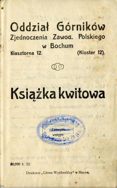 Quittungsbuch der Polnischen Berufsvereinigung, Bochum, 1913