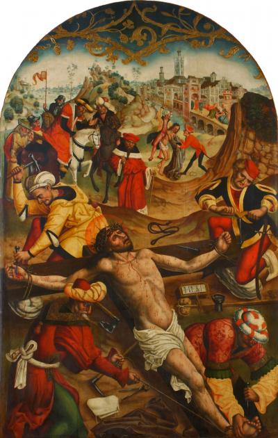 Przybijanie Chrystusa do krzyża, tablica ołtarza głównego dawnego kościoła franciszkanów p.w. św. Antoniego w Monachium (zburzony w latach 1802-1803), 1492 r.