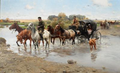 Alfred Wierusz-Kowalski: Team of horses crossing a ford, 1890, oil on canvas, 72 x 118 cm