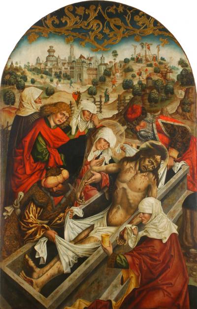 Abb. 24: Grablegung, um 1492 - Grablegung Christi. Hochaltar der ehem. Franziskanerkirche St. Antonius zu München (1802/03 abgerissen), 1492