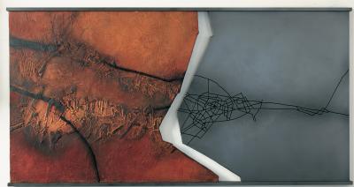 Land/Über/Gang XV/1, 2002. Acryl, Pigmente, Graphit auf MDF, 100 x 200 cm, Privatbesitz