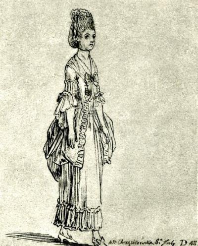 Daniel Chodowiecki: Miss Chrzaszczewska, 1773 (collotype from: From Berlin to Danzig. An artist’s journey …, Berlin 1895. Original drawing in the Akademie der Künste, Berlin, Inv. no. Chodowiecki 81)