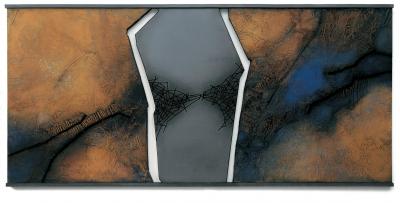 Land/Über/Gang XV/4, 2002. Acryl, Pigmente, Graphit auf Hartfaser, 100 x 220 cm, Privatbesitz