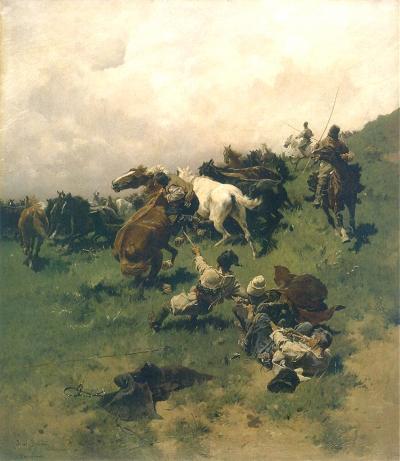 Einfangen eines Pferdes, um 1880