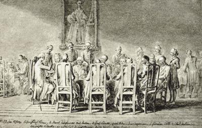 Daniel Chodowiecki: Lunch with the Prince-Primate, 1773 (collotype from: From Berlin to Danzig. An artist’s journey …, Berlin 1895. Original drawing in the Akademie der Künste, Berlin, Inv. no. Chodowiecki 94)