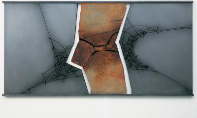 Land/Über/Gang XV/7, 2002. Acryl, Pigmente, Graphit auf Hartfaser, 100 x 205 cm, Privatbesitz
