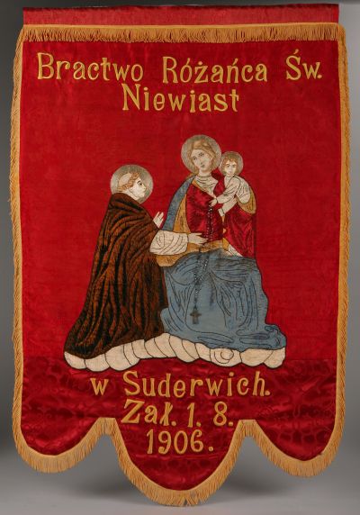 Der heilige Josef trägt das Jesuskind - Rückseite einer Fahne der Bruderschaft des Hl. Rosenkranzes der Frauen in Suderwich 
