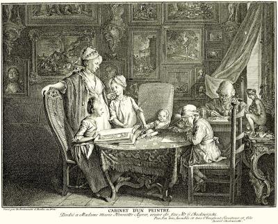 Daniel Chodowiecki: Cabinet d’un peintre [Print of the artist’s family], 1771. Etching, 18 x 23 cm