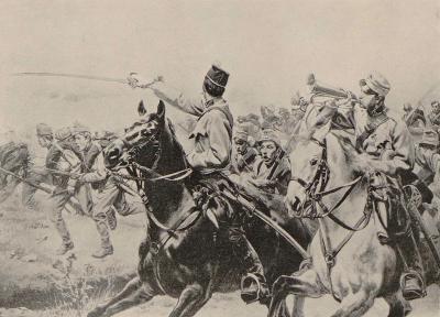 Fig. 3: Bayonet Charge by the Kaiserjäger - Bayonet Charge by the Kaiserjäger, pre-1886. Illustration from Kossak's "Memoirs"