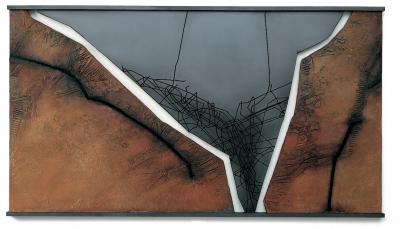 Land/Über/Gang XV/9, 2002. Acryl, Pigmente, Graphit auf Hartfaser, 100 x 200 cm, Privatbesitz