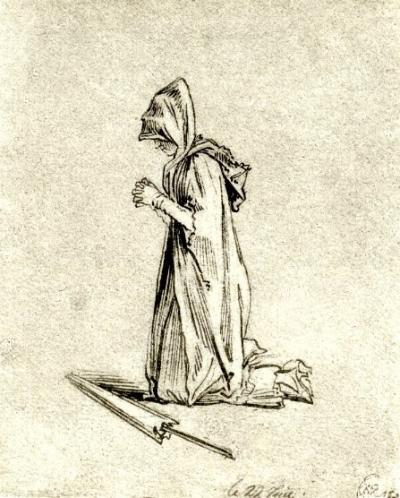 Daniel Chodowiecki: Woman kneeling at prayer, 1773 (collotype from: From Berlin to Danzig. An artist’s journey …, Berlin 1895. Original drawing in the Akademie der Künste, Berlin, Inv. no. Chodowiecki 97)