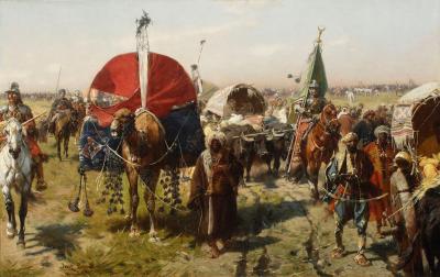 Abb. 31: Marsch mit Kriegsbeute, um 1880 - Marsch mit Kriegsbeute. Rückkehr von Wien, um 1880, Öl auf Leinwand, 72 x 112 cm, Privatbesitz