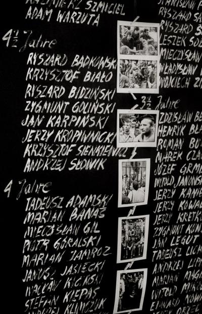 Exhibition commemorating two years of Solidarność. Solidarność working group, August 1982. List of those sentenced “for attempting to live in truth”.