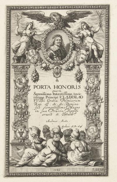 Rycina tytułowa, 1646, do publikacji Andreasa Scato z opisem bramy triumfalnej, Gdańsk 1646, wg nieznanego oryginału, Rijksmuseum w Amsterdamie.