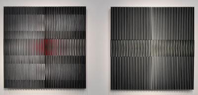 Andrzej Nowacki: 18.11.15 Komposition mit Schwarz, 100 x 100 cm, 2015; 04.12.15, Komposition mit B., 100 x 100 cm, 2015