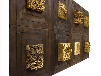 Zdj. nr 33: Drewniana tablica, 2002 - Drewniana tablica, 2002, zwęglone drewno świerkowe, drewno dębowe, drewno klonowe, kora, 404 x 204 x 26 cm, Sammlung de Weryha, Hamburg