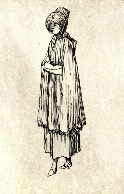 Daniel Chodowiecki: Stehende Frau im Cape, 1773 (Lichtdruck, aus: Von Berlin nach Danzig. Eine Künstlerfahrt …, Berlin 1895. Originalzeichnung in der Akademie der Künste, Berlin, Inv. Nr. Chodowiecki 99)