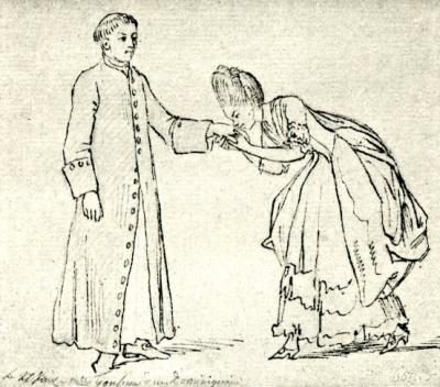 Daniel Chodowiecki: Miss Gousseau kisses the hand of a Dominican Father, 1773 (collotype from: From Berlin to Danzig. An artist’s journey …, Berlin 1895. Original drawing in the Akademie der Künste, Berlin, Inv. no. Chodowiecki 100)
