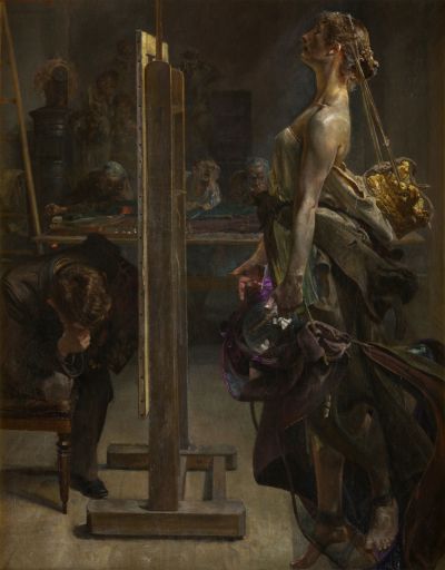 Jacek Malczewski: Die Inspiration des Malers, 1897. Öl auf Leinwand, 79 x 64 cm, MNK II-b-2543, Nationalmuseum Krakau/Muzeum Narodowe w Krakowie