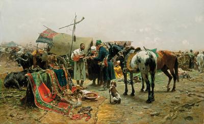 Abb. 36: Markt in Białka, um 1885 - Markt in Białka, um 1885. Öl auf Leinwand, 62 x 101 cm, Privatsammlung 