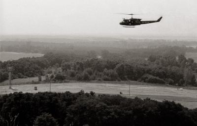 Berlin – Spandau, Staaken district. British helicopter at the border with the DDR.