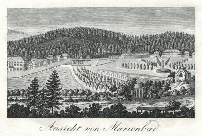 Ansicht von Marienbad, um 1820. Kupferstich, 8 x 13 cm. Titelblatt zu: Liste der angekommenen respectiven Brunnengäste zu Marienbad im Jahre 1823, Eger 1823