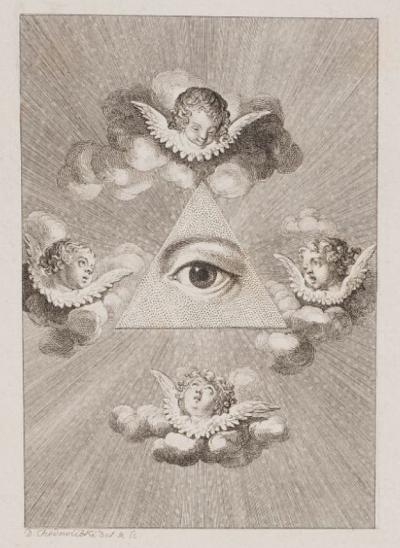 Daniel Chodowiecki: The Eye of Providence, 1787. Etching, Vignette for a prayer, a commission “from Pastor Thomas Grem in Bertung near Allenstein in the Bishopric of Warmia, for the Brethren of the Adoration of God in Bertung” (Engelmann 587)