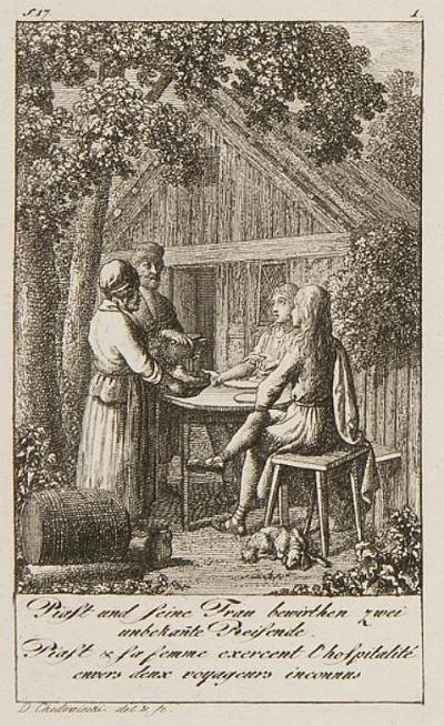Daniel Chodowiecki: The Piast and his Wife cater to Two Unknown Travellers, 1795. Etching from: Six Prints on the History of Poland, A Historical and Genealogical Calendar for the leap year 1796 (Engelmann 779)