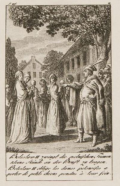 Daniel Chodowiecki: Boleslaw II compels Polish women to carry small dogs at their breast, 1795. Etching from: Six Prints on the History of Poland, A Historical and Genealogical Calendar for the leap year 1796 (Engelmann 779)