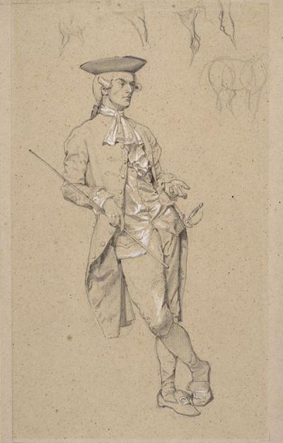4: Character study in 18th century costume, 1869 - Pencil, heightened in white, 34 x 21.5 cm.