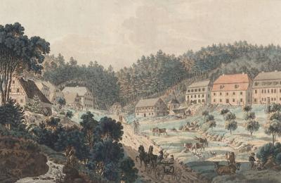 Ludwig Ernst von Buquoy (1783-1834): Ansicht von Marienbad, um 1820. Kupferstich, koloriert, 28,5 x 44 cm, Privatbesitz