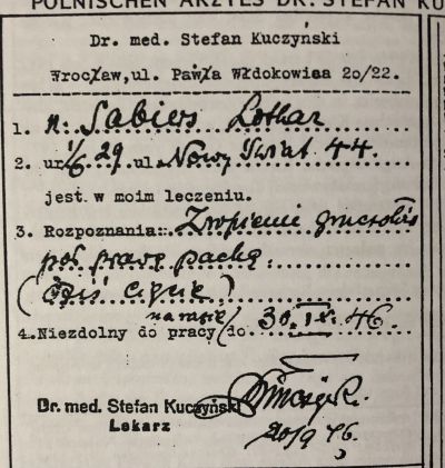 Arbeitsunfähigkeits-bescheinigung - Ausgestellt von Stefan Kuczyński am 20. September 1946 