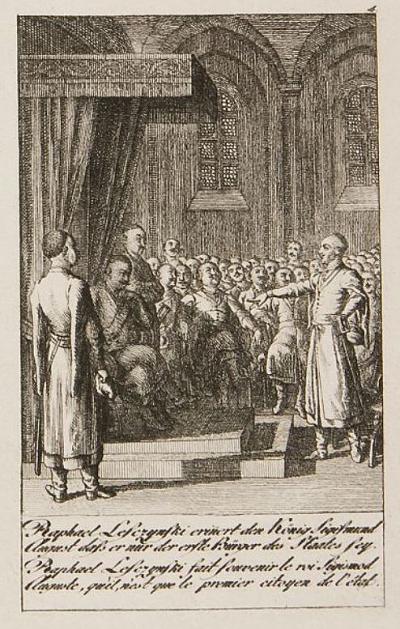 Daniel Chodowiecki: Raphael Lesczynski [Rafał Leszczyński, 1579-1636] reminds King  Sigismund August, that he is only the first citizen of the State, 1795. Etching from: Six Prints on the History of Poland, A Historical and Genealogical Calendar for the leap year 1796 (Engelmann 779)