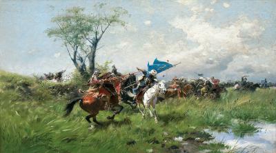 Abb. 53: Attacke, um 1898 - Attacke der Kavallerie. Attacke der polnischen Husaren, um 1898. Öl auf Leinwand, 54,7 x 99,5 cm, im Auktionshandel (Agra Art, 2017) 