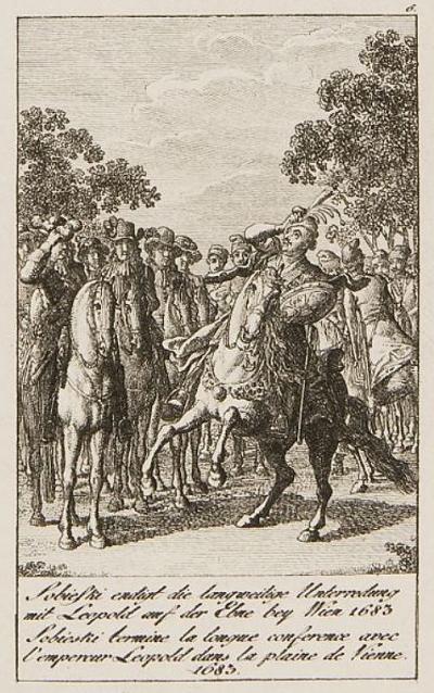 Daniel Chodowiecki: Sobieski terminates the boring conversation with Leopold on the plain near Vienna in 1683, 1795. Etching from: Six Prints on the History of Poland, a Historical and Genealogical Calendar for the leap year 1796 (Engelmann 779)
