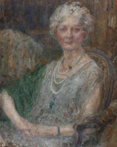 Ill. 54: Portrait of a Lady, ca. 1922  - Portrait of a Lady with a Threefold Pearl Necklace, ca. 1922. Oil on paperboard, 80 x 65 cm