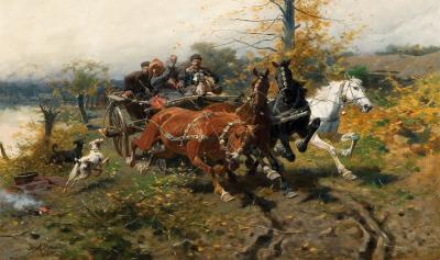 Fliehendes Pferdegespann, um 1900