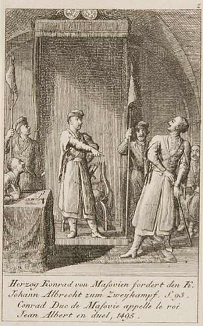 Daniel Chodowiecki: Duke Konrad of Masovia challenges King Johann Albrecht to a duel, 1796. Etching from: Six Prints on the History of Poland (Conclusion), a Historical and Genealogical Calendar for the year 1797 (Engelmann 823)